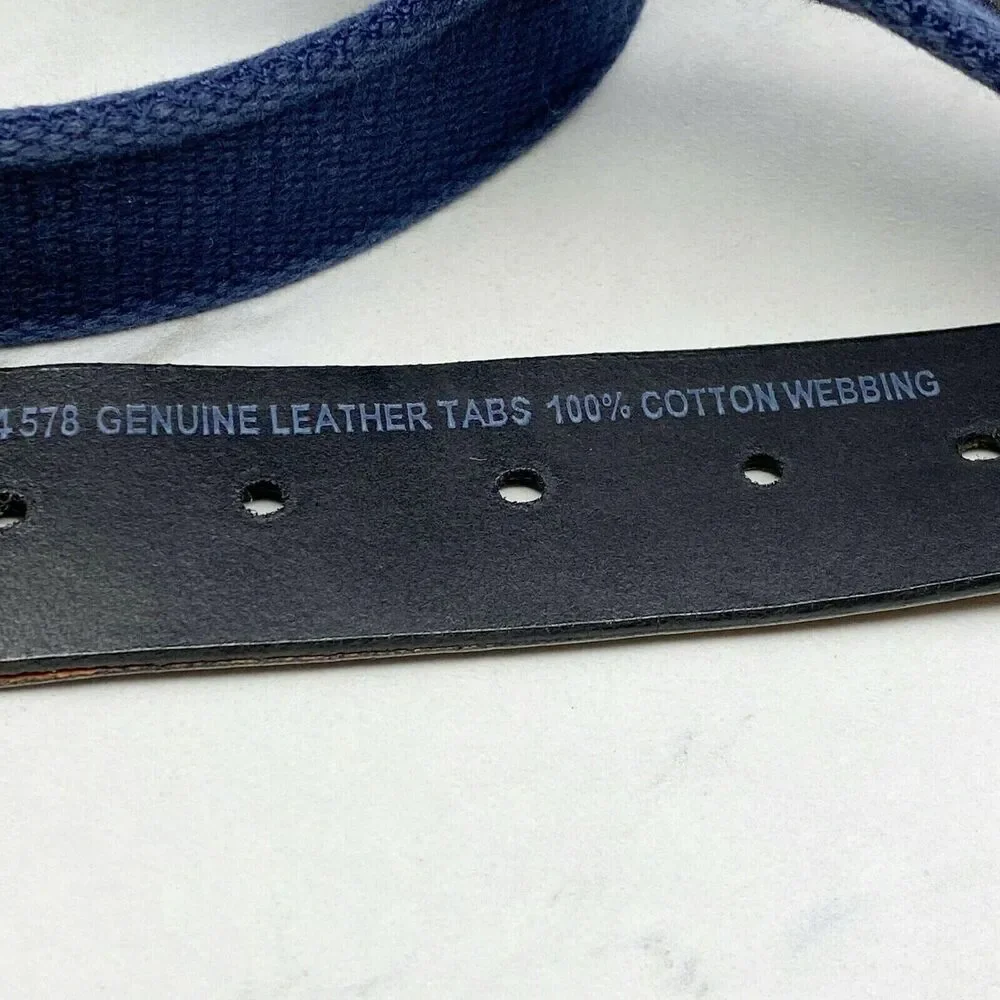 Hunt Club Blue Web Belt Brown Leather Trim Silver Buckle Size 40 ✨